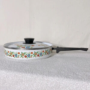Vintage  Enamelware Crazy Flower Skillet Frying Pan With Lid